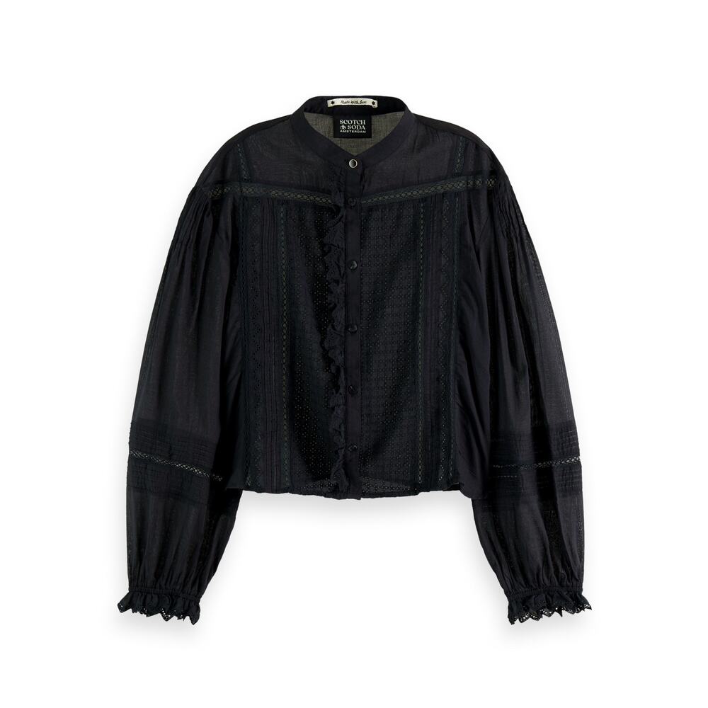 Scotch & Soda Black Schiffli Eyelet Lace Organic Cotton Blouse Whimsigoth M